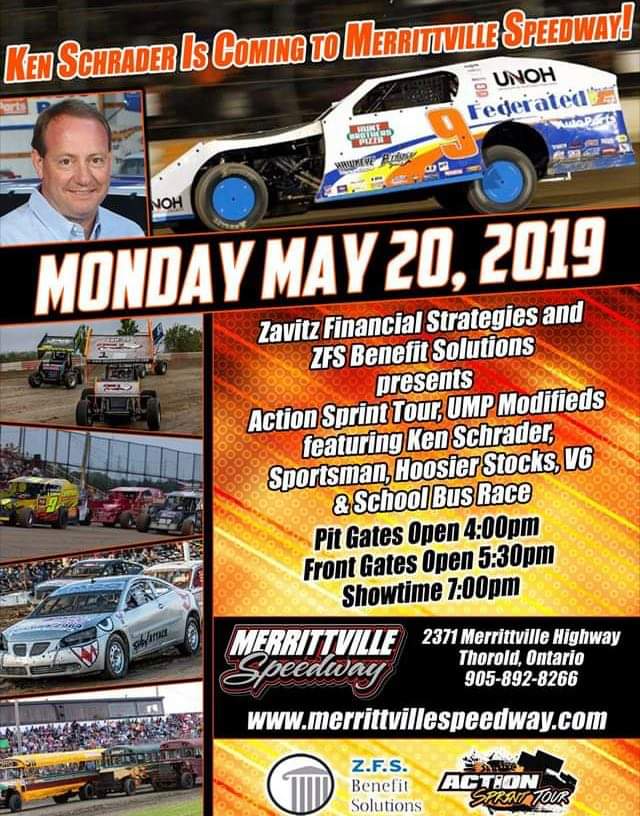 #Raceday Join us tonight as Zavitz Financial presents the <a href="/ActionSprints/">Action Sprint Tour</a> and UMP Modifieds featuring <a href="/KenSchrader/">Ken Schrader</a> plus @DIRTcar_Racing <a href="/DIRTcarNE/">DIRTcar Northeast</a> Sportsman, <a href="/HoosierTire/">Hoosier Racing Tire</a> Stocks, V6 and a school bus race! #VictoriaDay