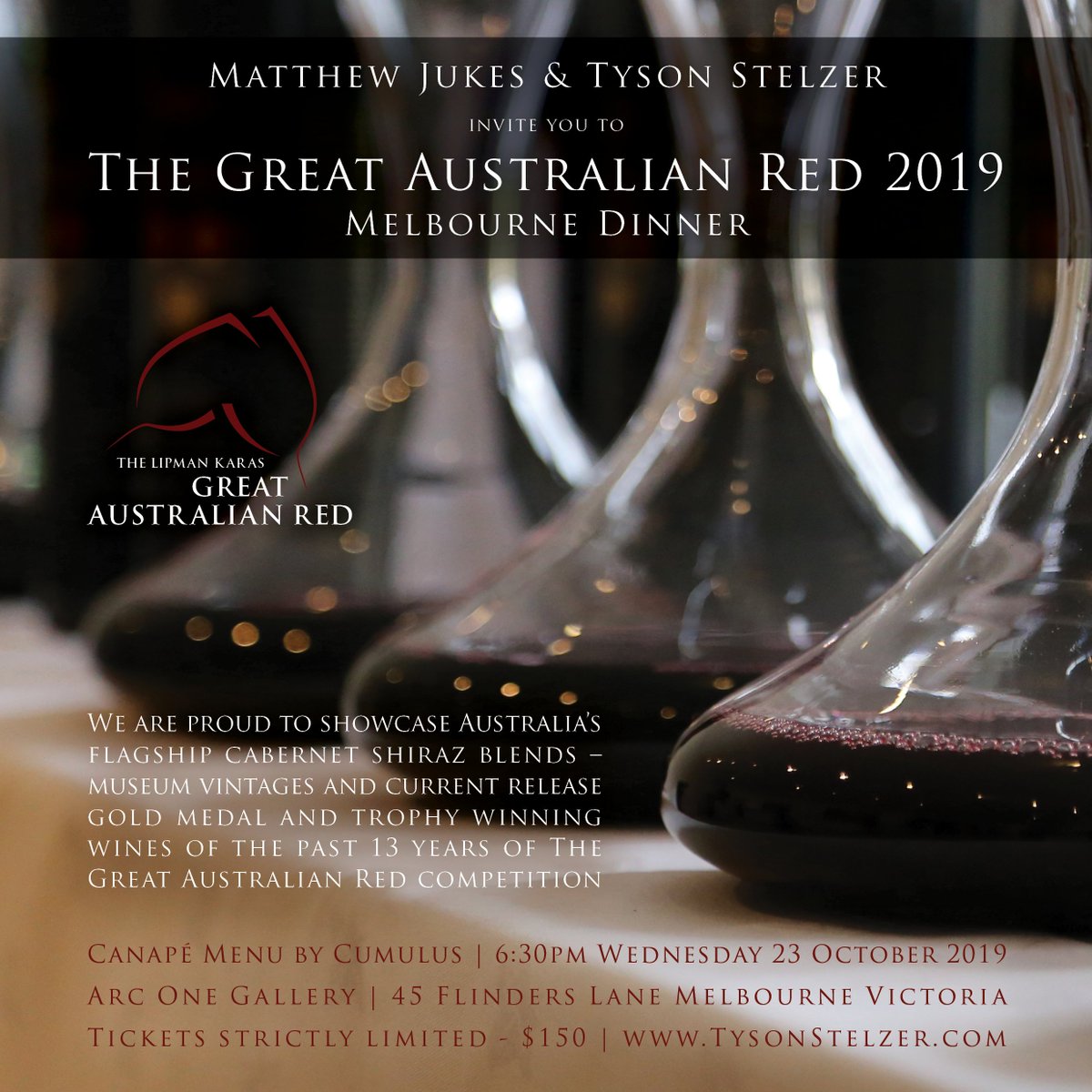 The Great Australian Red is coming to Melbourne! @MatthewSJukes &amp; <a href="/TysonStelzer/">Tyson Stelzer</a> invite you to dinner at Arc One Gallery to celebrate Australia’s flagship cabernet shiraz blends – museum vintages and current release gold medal and trophy winning wines of the past 13 years.