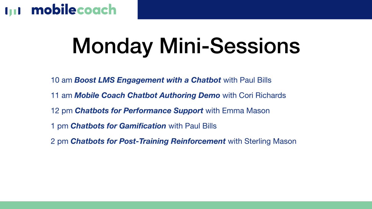 mobile_coach's tweet image. Want to learn more about chatbots for learning? Stop by the Mobile Coach booth today for one of our in-booth mini-sessions, check out our schedule below

#atd2019 #chatbots #chatbots4learning