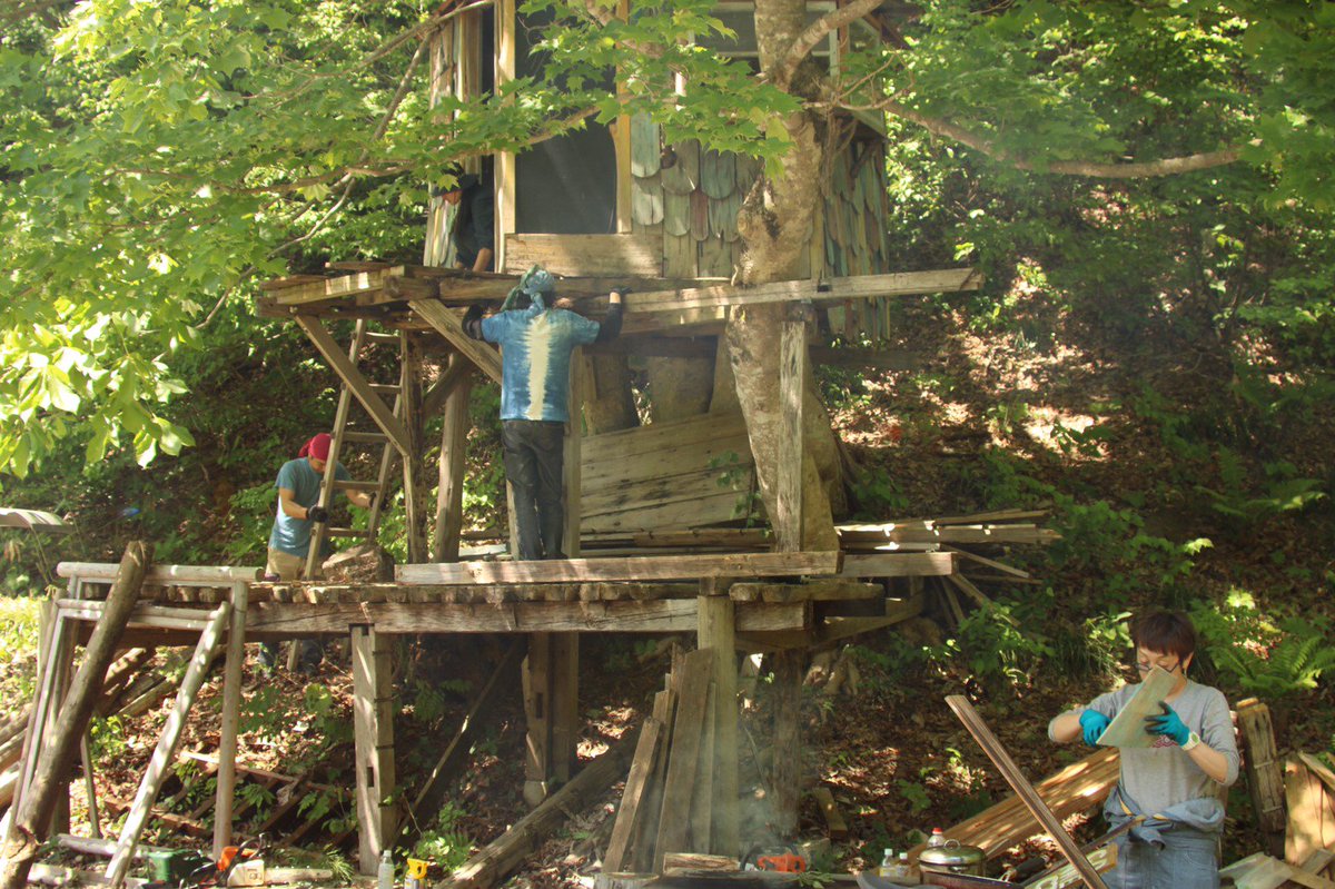 あべゆか よく食べよく働く ツリーハウス ワークショップ 山形 小屋解体 焚き火