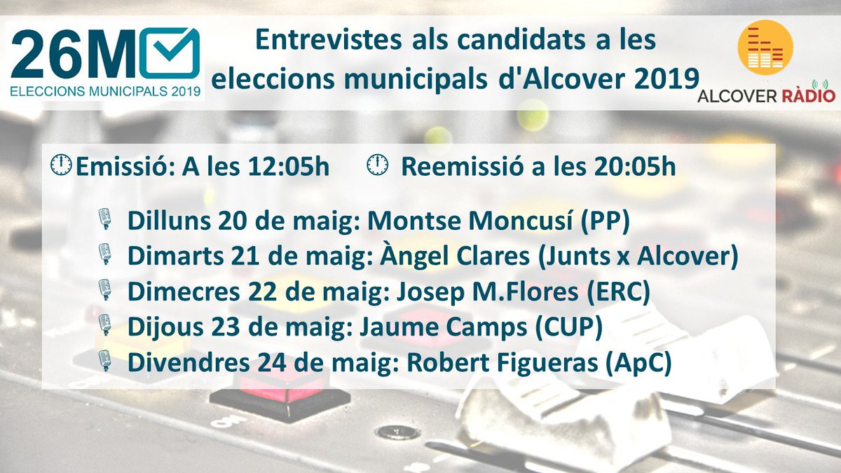 AlcoverRadio's tweet photo. Especial Eleccions Municipals (26 de maig)
Entrevista amb els candidats alcoverencs! Segueix-nos al 107.3FM i https://t.co/1c2ODTYA16! https://t.co/3ye1qw6zC2