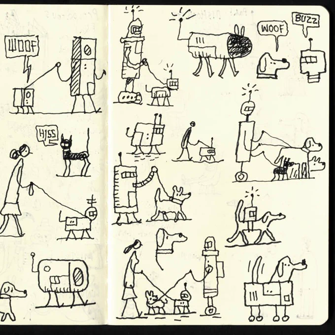 I found some more dog and robot doodles made in preparation for my current New Yorker cover.

You can get all my New Yorker covers as prints etc here: https://t.co/iHdTzG9JmD 