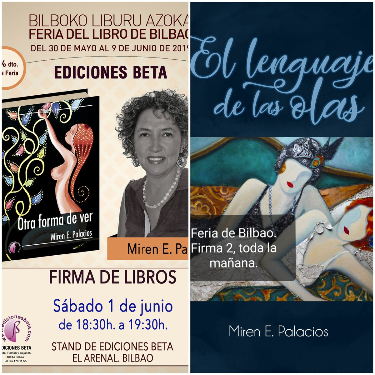mirenepalacios's tweet photo. 1 de junio x la tarde con Beta y el 2 de junio de 10:00 hasta 14:00 h #firma de #libros y la #novela #ElLenguajeDeLasOlas #MirenEPalacios #novedad #FeriaDelLibro2019 #Bilbao #Bizkaia en el stand #Beta y #AEEEIE @PalabrasDeAgua1 Feria del Libro Bilbao- Bilboko Liburu Azoka https://t.co/tkICjbvBj1