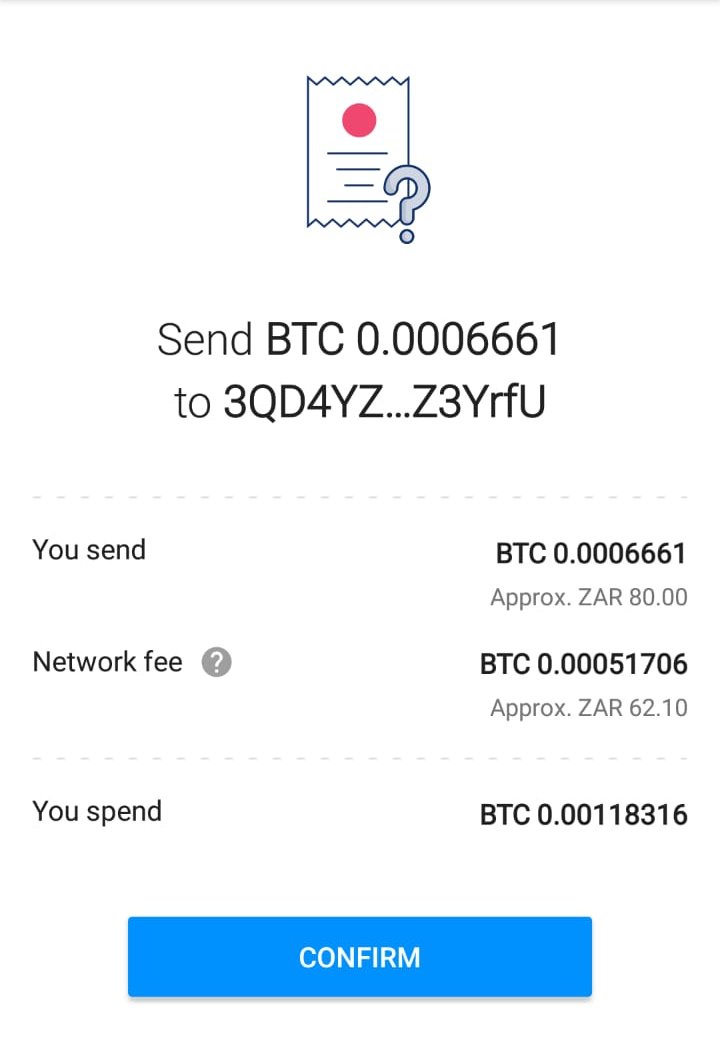 PeakCapitalSA's tweet photo. We hodl $BTC and are very bullish on a lot of things that are blockchain related but this fee we have to pay to send someone R80 worth of Bitcoin is insane. That's a 77.63% transaction fee.  We are just not there yet. #Short https://t.co/3cLeIjNzac