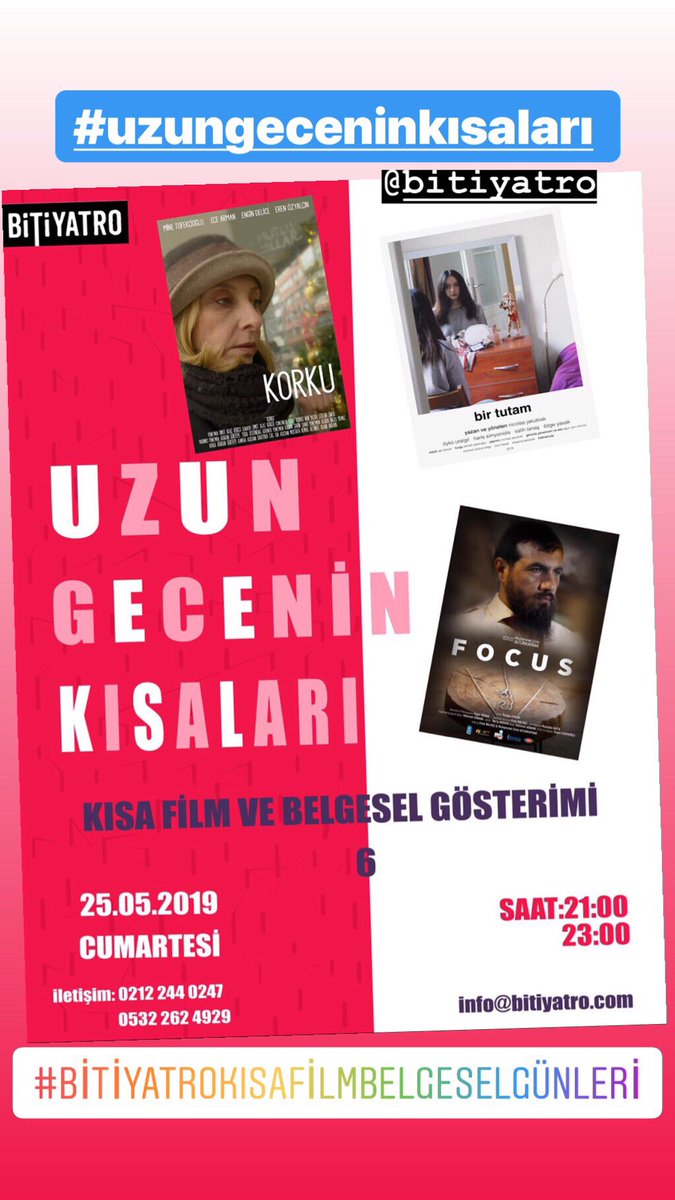 Altıncı “Uzun Gecenin Kısaları” Kısa film ve belgesel gösterimimiz yaklaşıyor 🎥💛 Yönetmenlerin katılımıyla yapımlar üzerine gerçekleşecek söyleşiyi Laçin Ceylan üstleniyor.  Mayıs 25 ❣️not alın ✍🏻 📞 02122440247  #film #kısafilm #belgesel #gösterim #söyleşi #bitiyatrobuluşturur