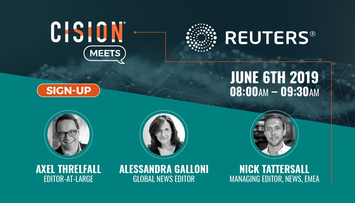 CisionUK's tweet photo. Sign up now to secure your place for #CisionMeetsReuters - https://t.co/OgQnDxgLm4

@Reuters news is seen by billions of people all over the world each day, so meet @axelthrelfall, @aagalloni and @NickTatters to understand how to best work with them https://t.co/jFxQ7hajW6