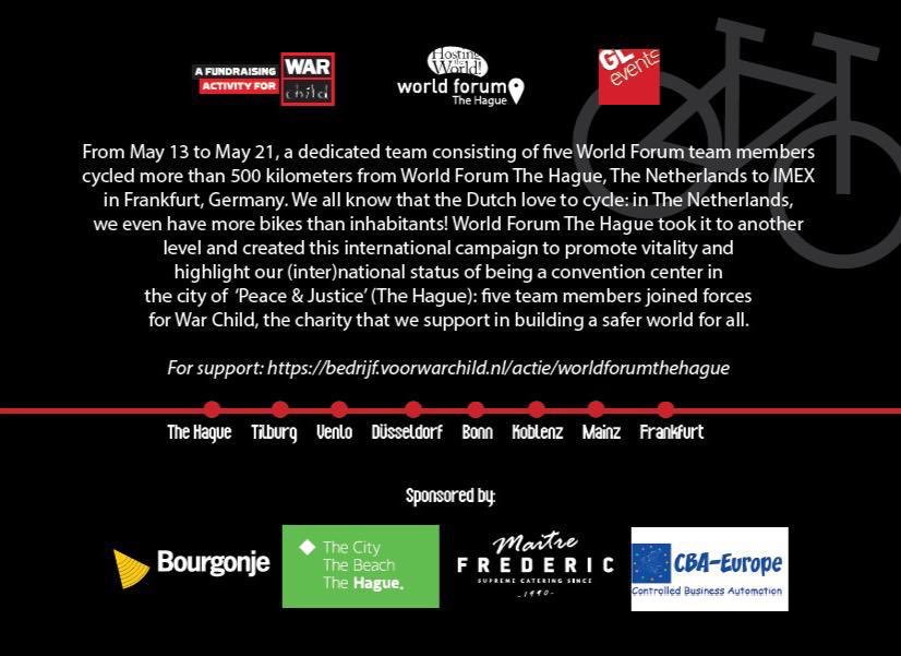 Tomorrow at 09:00 we give a warm welcome to our super Hero team that cycled all the way from The Hague to Frankfurt to support Warchild! See you there between Hall 8 and 9 at the Hosted buyer shuttle busses place (Japanese gate
#roadtoimex2019 #warchild #worldforumthehague