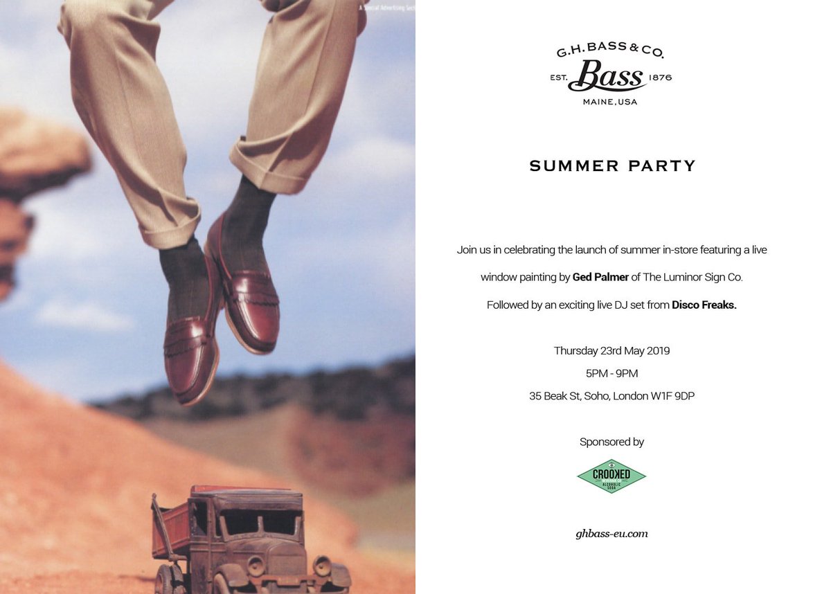GHBassEU's tweet photo. Not long now till the Bass Summer Party this Thursday 23rd May 5-9pm

You could WIN a free pair of shoes 

Complimentary drinks @CrookedBevCo 

And 🍕🍕🍕

@disco_freaks will be there bringing the tunes 🎉

35 Beak Street, London, W1F9DP

See you there! https://t.co/UxYjjryxTh