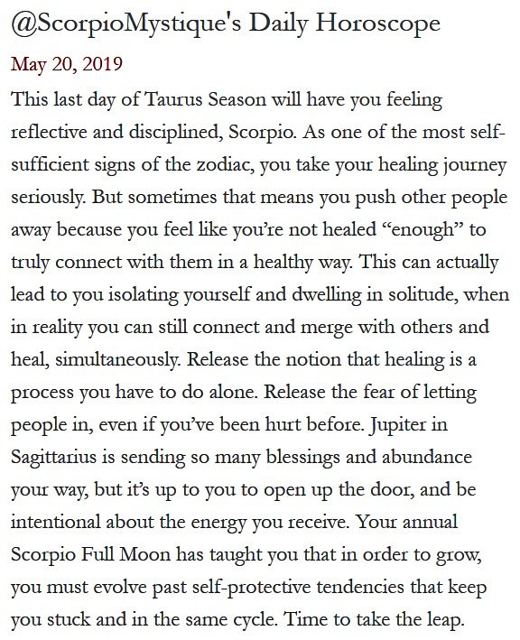 ScorpioMystique's tweet photo. #SMscope 5.20.19 ♏️❤️✨ #TeamScorpio #Horoscope #Astrology #ScorpioMystique https://t.co/PPCJfnpJOu