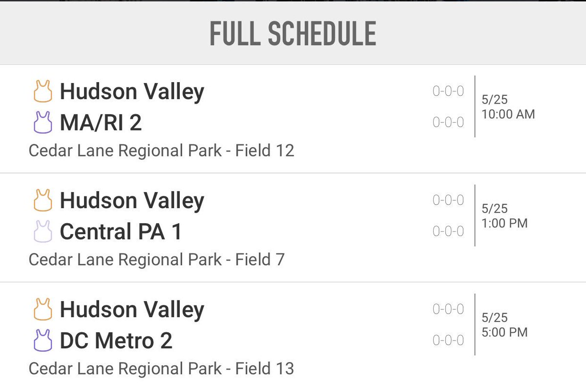 HVGirlsLax's tweet photo. This weekends schedule. Please note Sunday’s game time will depend on Saturday’s outcome. We will meet by field 12 at 9am on Saturday. https://t.co/HcScsAaMNO