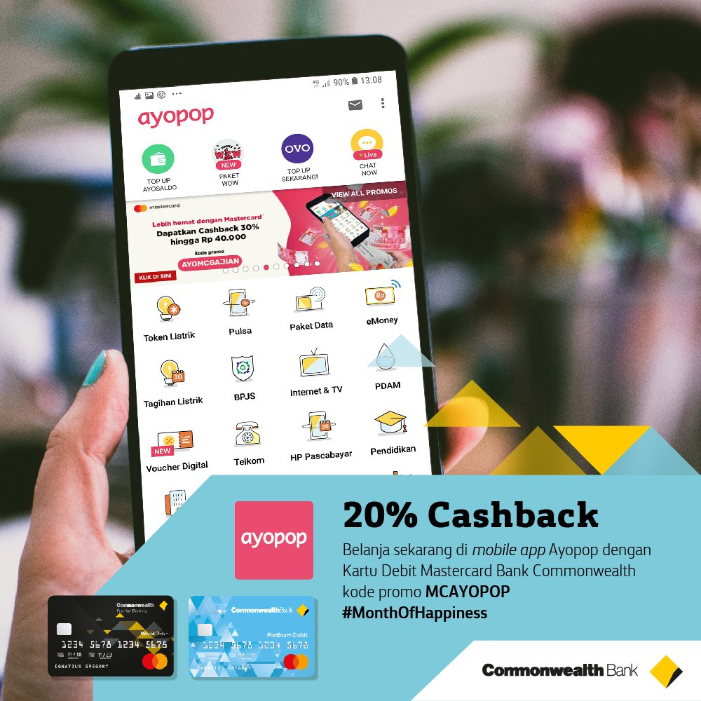 CommBank_ID's tweet photo. Selesaikan tagihanmu di aplikasi mobile Ayopop & dapatkan Cashback 20% setiap pembayaran atau pembelian dengan Kartu Debit Mastercard Bank Commonwealth dengan kode MCAYOPOP. Promo s/d 30/06/19. Info: https://t.co/XPytJelYys
#commbankid #commdebit #mastercard #ayopop #cashback https://t.co/HxtSWGOeLK