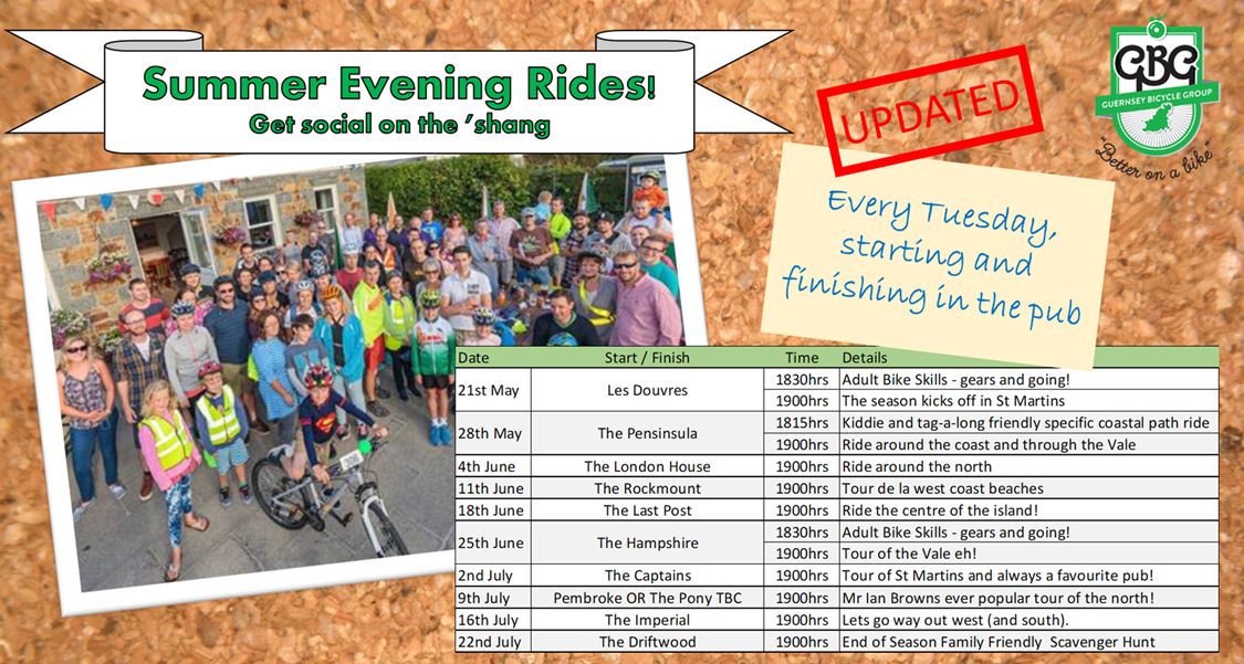 <a href="/GuernseyBicycle/">GuernseyBicycleGroup</a> 's Summer Evening Rides start this Tuesday <a href="/LesDouvresGsy/">Les Douvres</a> . Let's hope that these gentle pedals are as popular as ever.