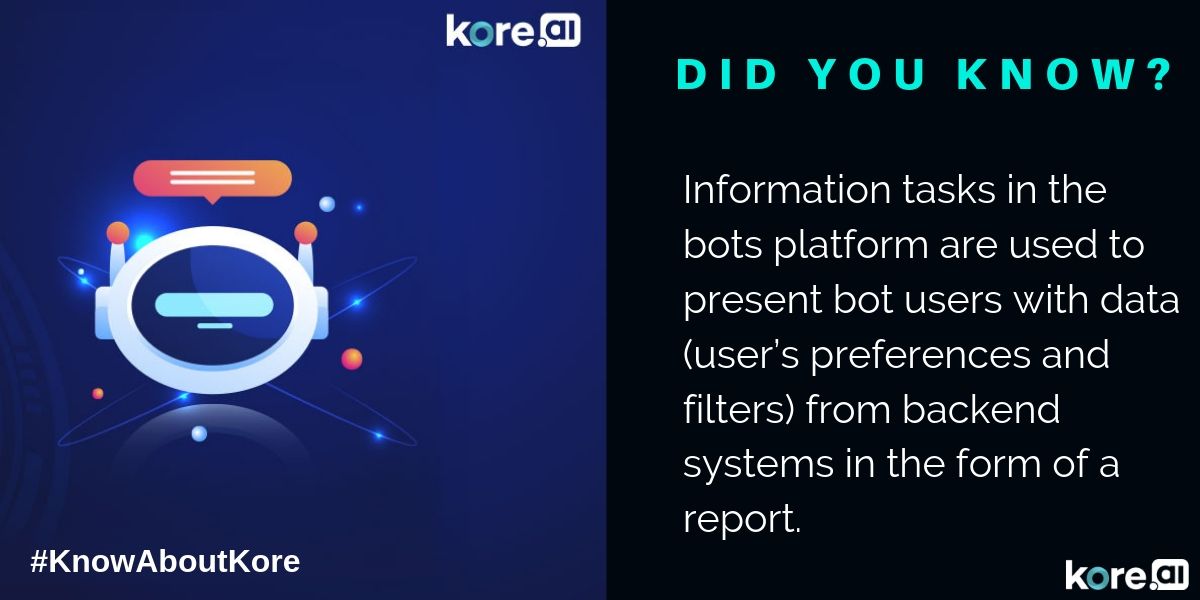 apurvbhatnagar's tweet image. RT koredotai: koredotai bots platform provides information task one among 5 different types of tasks that gives the chatbot a purpose. Know how 
bit.ly/2Eevz4b  
#KnowAboutKore #DYK #Chatbottasks #Informationtasks #ConversationalAI #ArtificialI…