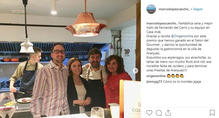 origenonline's tweet photo. Marcos López @marcusfume, ganador de nuestro sorteo en #SG19 @SalonGourmets, disfrutando de la cena en Casa José, Restaurante-Atelier de 
@fdelcerro en #Aranjuez. ¡Gracias por tus palabras! #somosORIGEN https://t.co/cheHKuAKD9
