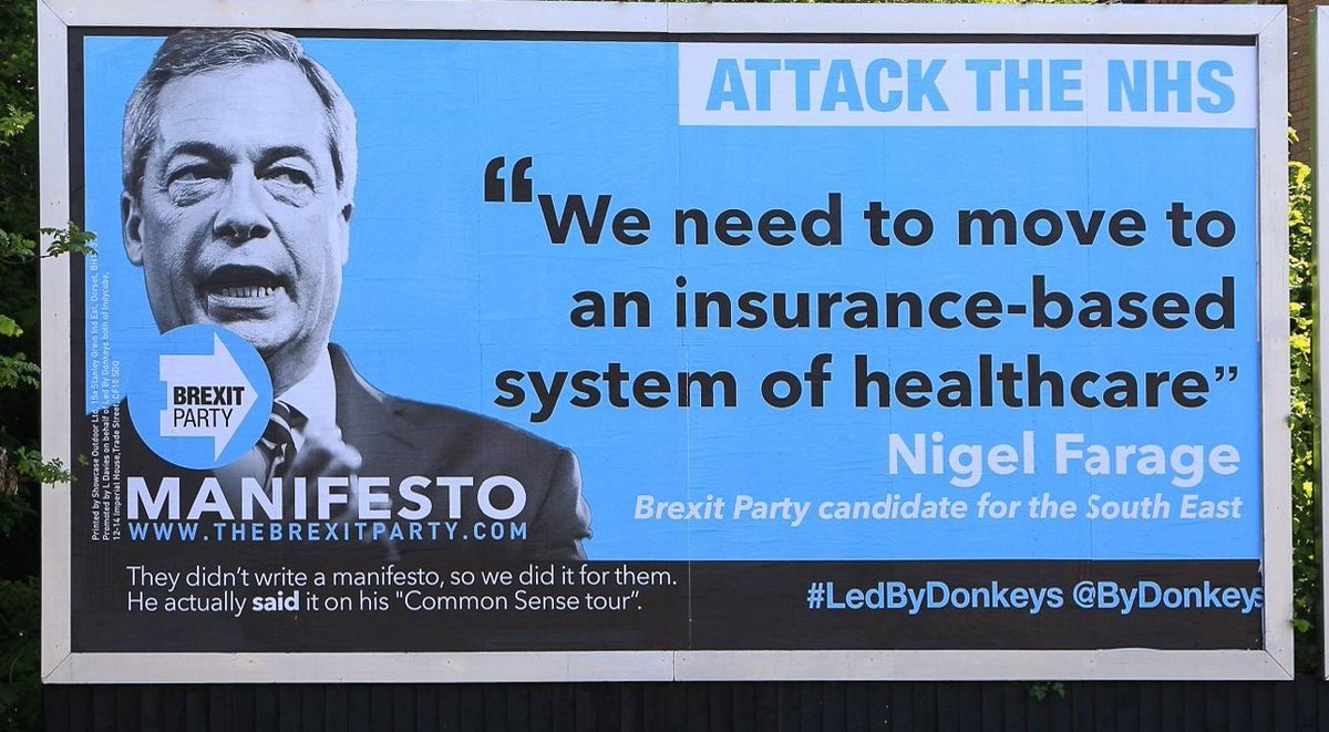 Apparently this <a href="/ByDonkeys/">Led By Donkeys</a> billboard highlighting Nigel Farage's statements on the NHS, is what he likes likes seeing least. (Because even those blinkered by brexit often care about the NHS)

Terrible if lots more people retweeted it then.

#BrexitParty 
#Brexit