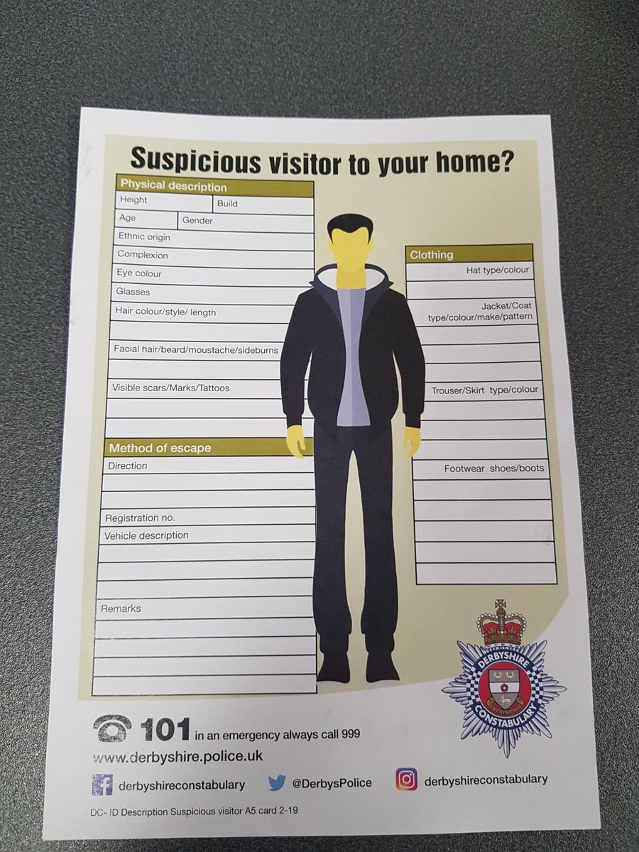 SomercotesSNT's tweet photo. The Amber Valley SNTs will be distributing out these booklets as a memoire to help people remember the details of suspicious people/vehicles they see. It contains all the information we would require if you were to report a suspicious incident. 
#SaferTogether #OpEngage https://t.co/fpXyqeHZkW