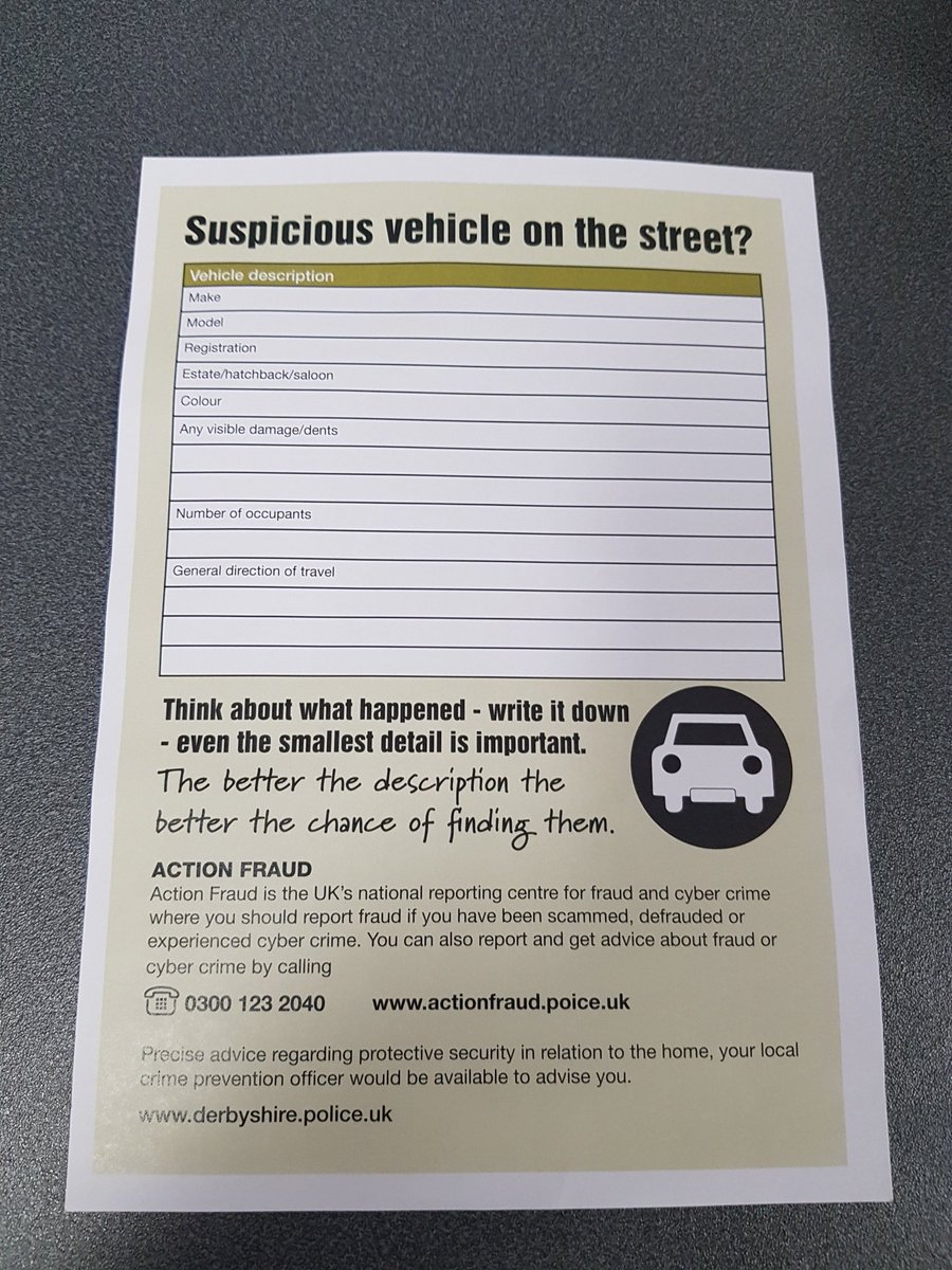 SomercotesSNT's tweet photo. The Amber Valley SNTs will be distributing out these booklets as a memoire to help people remember the details of suspicious people/vehicles they see. It contains all the information we would require if you were to report a suspicious incident. 
#SaferTogether #OpEngage https://t.co/fpXyqeHZkW