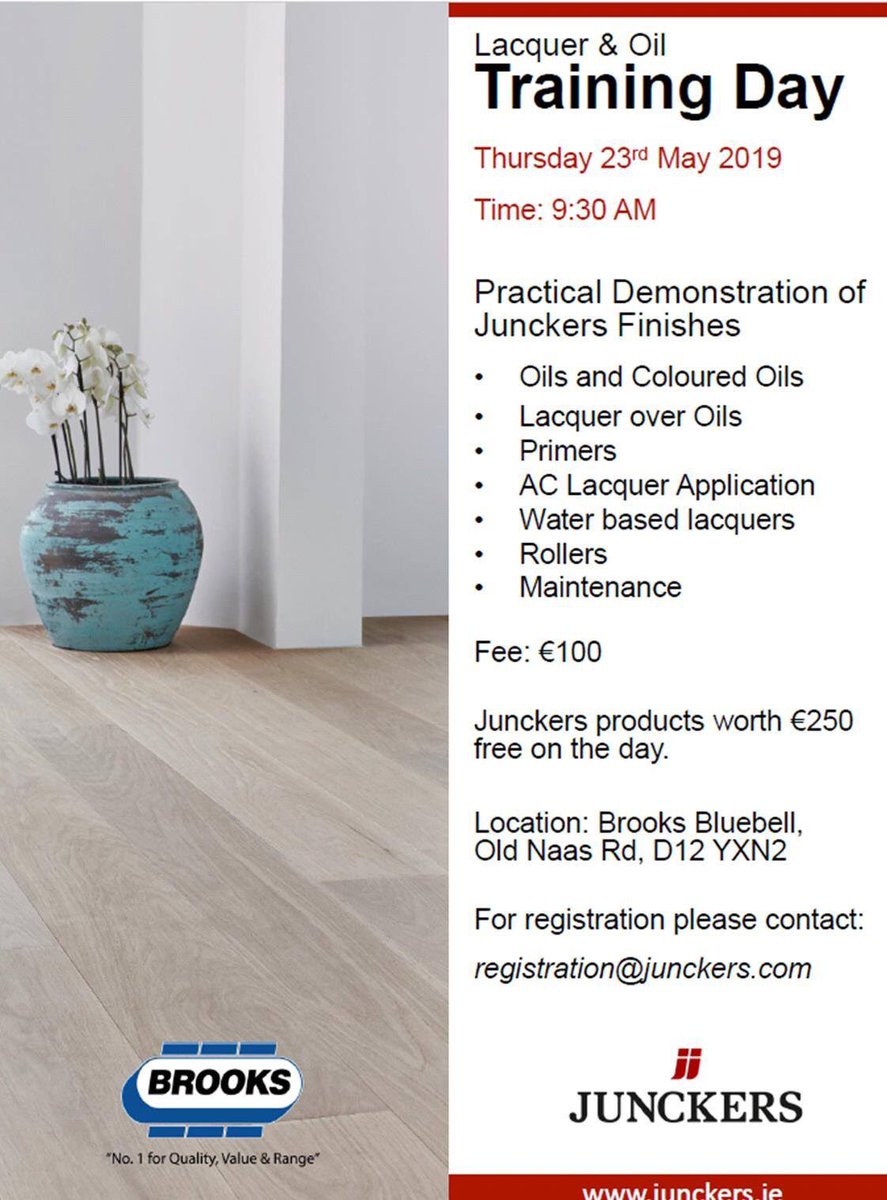 TheBrooks_Group's tweet photo. Junckers are hosting a "Lacquer & Oil" training day this Thursday 23rd May in our Brooks Bluebell branch, all welcome!
Registration is compulsory #selfbuildireland #potd #flooringsanding #solidfloor #renovations #renovationsirelqnd #diy #diyireland #irishbuild #irishselfbuild https://t.co/bEakwnNcz3