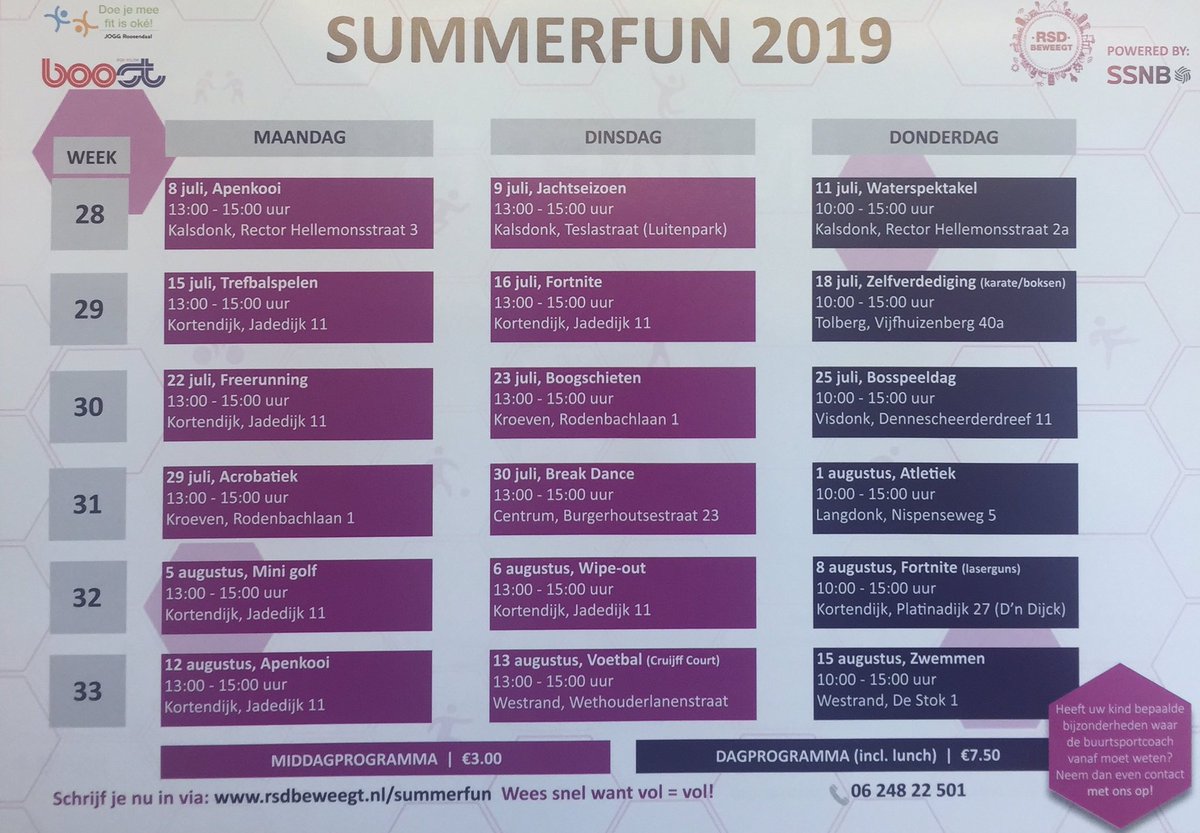 rsdbeweegt's tweet photo. Het programma voor Summerfun 2019 is bekend! Sport en spel in de zomervakantie voor alle Roosendaalse kinderen! Kijk voor meer info op https://t.co/4gZb9JTs9Y https://t.co/SNi6NcgdYH