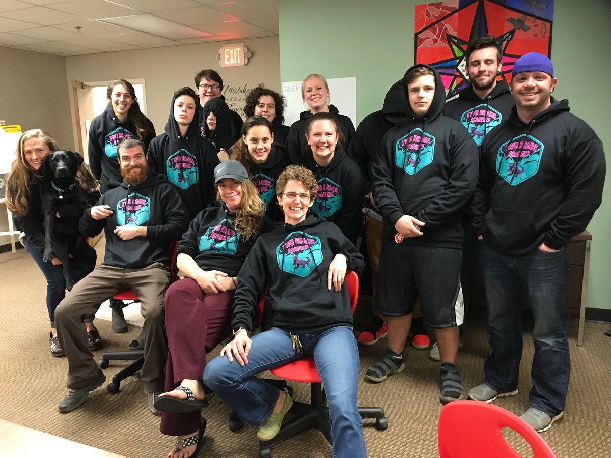 2RoadsAcademy's tweet photo. Our sweatshirts came in!  Student designed. #hexaflex @2RoadsAcademy #trex #schoolpride https://t.co/unoIZh9aVo