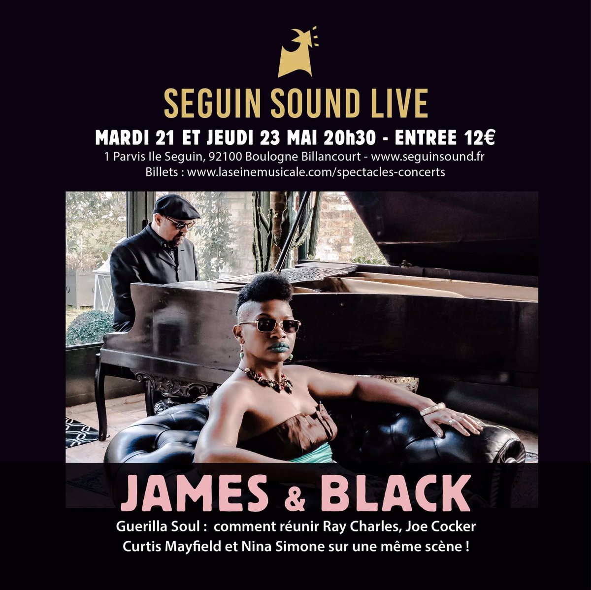 SeguinSoundFR's tweet photo. 🎶 @jamesandblack 🎶 LIVE en concert au Seguin Sound demain et jeudi ! ☺️🎤👌🏻
La billetterie -> https://t.co/BmPign0w23
#SeguinSound #BoulogneBillancourt #NightClub #LiveMusic https://t.co/yrv2EKyZSE