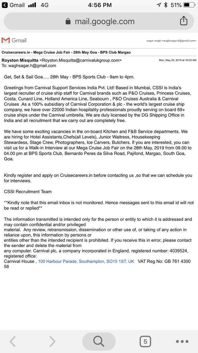 Pastelcode2's tweet image. Hello @cruisecareers I received an email from roystan misquitta stating interview happening in goa.
I have already put up an application.
Just wanted to speak to somebody regarding this to get more clarity.
As i reside in Mumbai i will have to fly out.
+919930151353