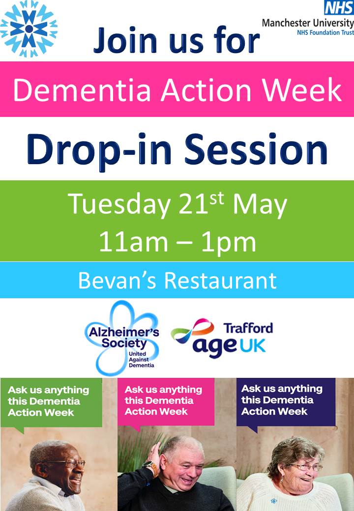 Visit #DementiaActionWeek2019 drop-in session with <a href="/alzheimerssoc/">Alzheimer's Society</a> and <a href="/AgeUKTrafford/">Age UK Trafford</a> tomorrow <a href="/TraffordHosp/">Trafford Hospitals</a> to find out how our community can be more inclusive for people living with dementia and make your #DAW2019 pledge.