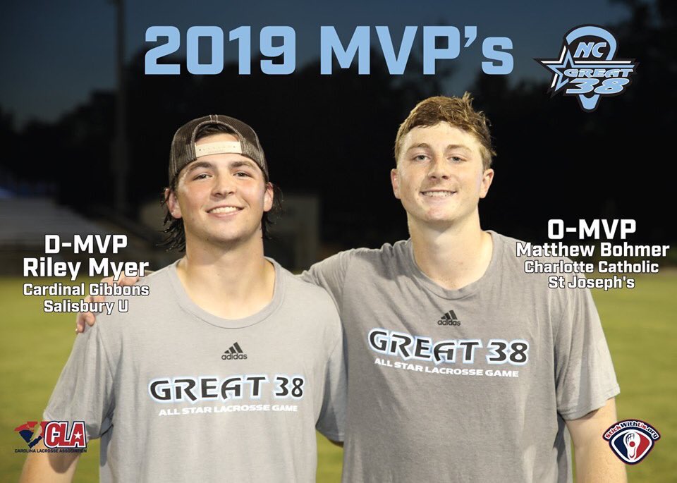StickwithusO's tweet photo. Congrats to the 2019 NC Great 38 MVP's.  Defensive MVP, recording 22 saves TEAM WHITE'S @MyerRiley @SalisburyMLAX @mlax_cghsnc @CCHSCougarLax and with 4 goals and 3 assists the Offense MVP's TEAM BLUE'S @mattbohmer @SJUHawks_MLax #makeyourfamilyproud https://t.co/xoONCVyOad