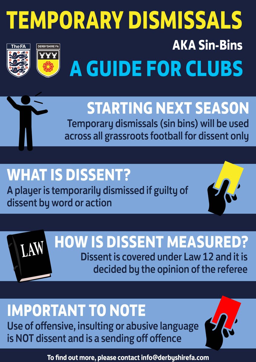 DerbyshireFA's tweet photo. Sin-bins are set to be brought in from the start of the 2019/20 season!

Find out more about temporary dismissals by clicking the link below!

What do you think about sin-bins?🤔

➡️ https://t.co/9oDG2Pt8vR https://t.co/YQWbzqlNJw
