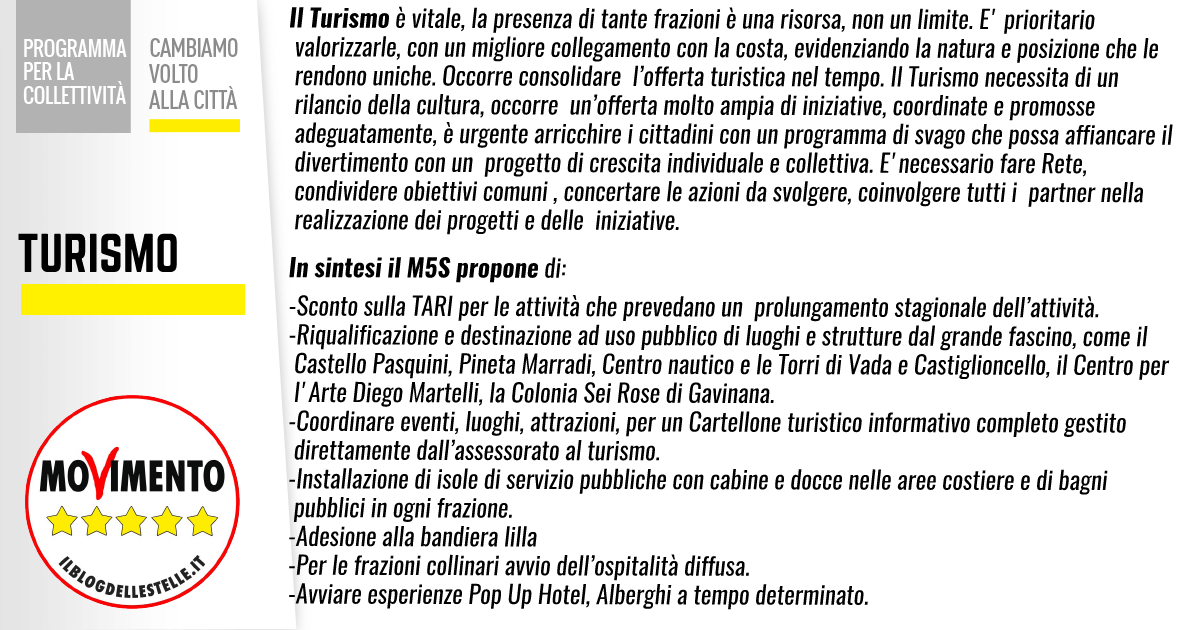 IL TURISMO PER IL #M5S Non è possibile far rinascere #Rosignano senza economie alternative: noi puntiamo sul Turismo Cultura e Sport, settori funzionali al turismo.  #turismo #ospitalitàdiffusa #popuphotel #mariosettinosindaco #VotailProf #liberiAMOrosignano #m5s #rosignano