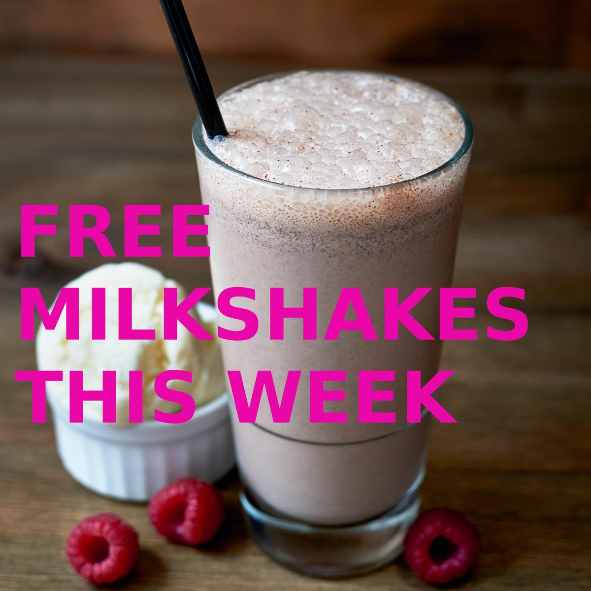 BOGOF on milkshakes all this week - have one for yourself and one for friend or foe!

To claim your free second milkshake: Follow us on twitter, like and share this post.  
 
Available until 26th May – bank holiday weekend - while stocks last, all milkshakes are vegan!
