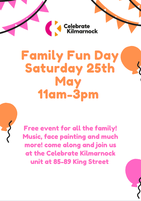 CelebrateKillie's tweet photo. Join us as we host our family fun day 🥳🎉
The 'not-to-be-missed' event will be hosted at the Celebrate Kilmarnock unit on King Street on 25th May from 11:00 - 15:00.
Dont miss out ! #celebratekilmarnock https://t.co/kQiKZeO2tG