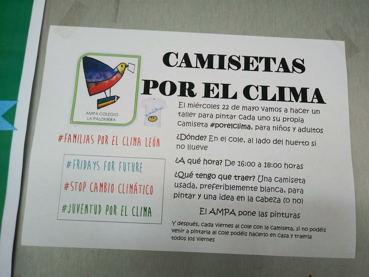 AMPAPalomera's tweet photo. Ya tenemos preparado el taller para pintar las camisetas por el clima @felampaleon @FamiliasXClima @MadresXelClima el miércoles por la tarde https://t.co/kl4JfVLTgl