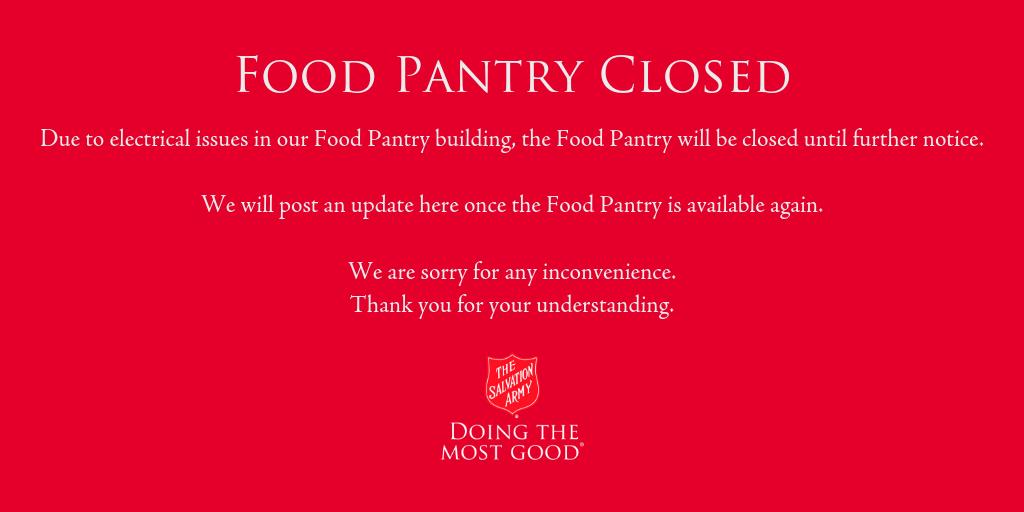 SalArmyMarion's tweet photo. Due to electrical issues in our Food Pantry building, the Food Pantry will be closed until further notice.  We will post an update here once the Food Pantry is available again.  We are sorry for any inconvenience.  Thank you for your understanding. https://t.co/9JqTBFyp8U