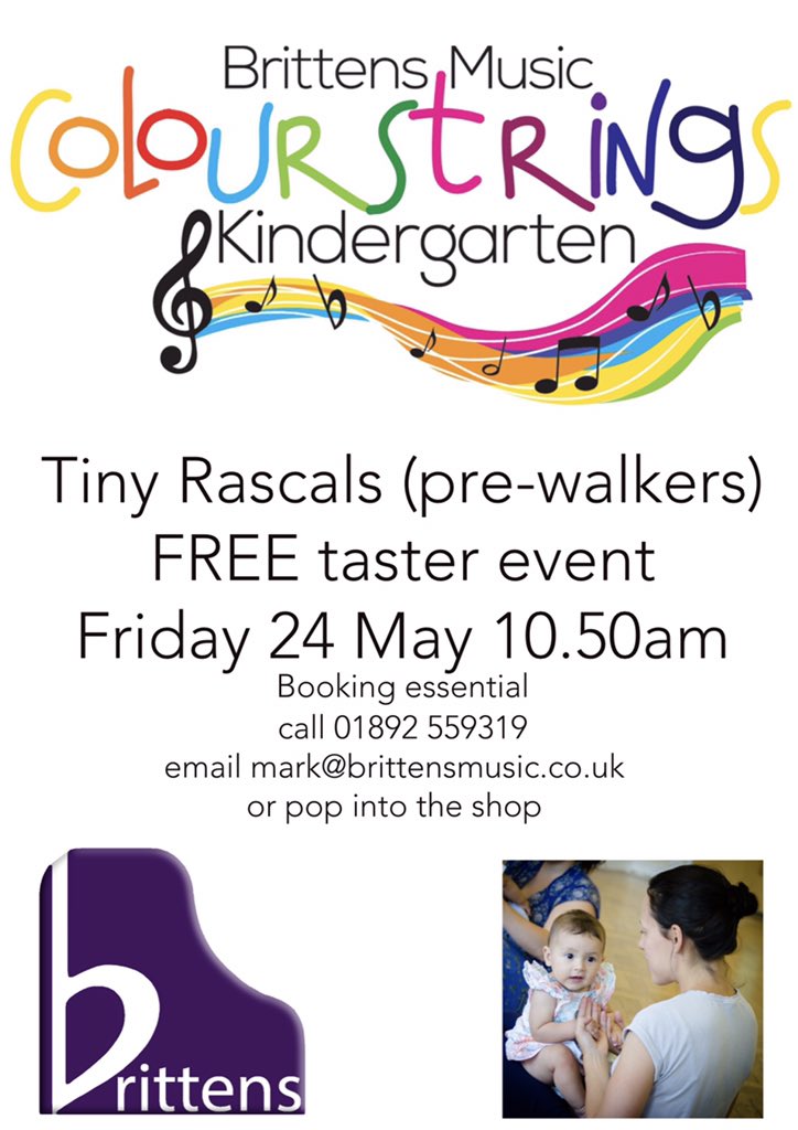 FREE TASTER for Tiny Rascals (pre-walkers) this Friday at 10:50am! Starting classes at this young age gives your baby an excellent head start in encouraging speaking and singing. Click the link below for more info!
brittensmusic.co.uk/colourstrings