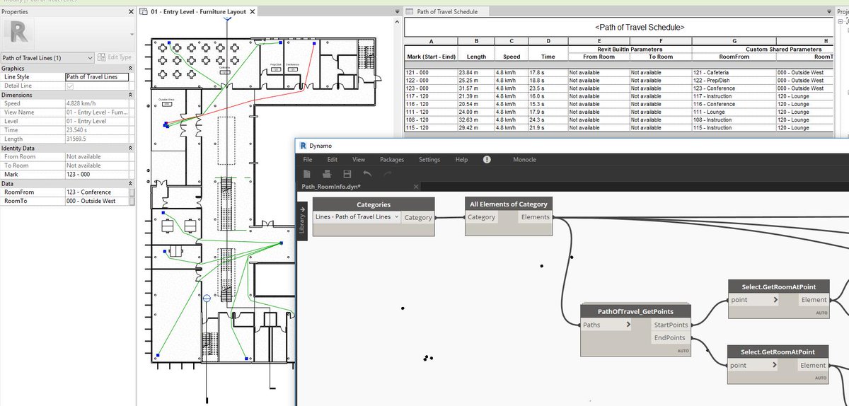 Bjorni_K's tweet image. #DynamoBIM A little Python with the new PathOfTravel API and we have Room information in the Path &quot;elements&quot; in Revit. #Revit2020 Now for the Curves and other functions.