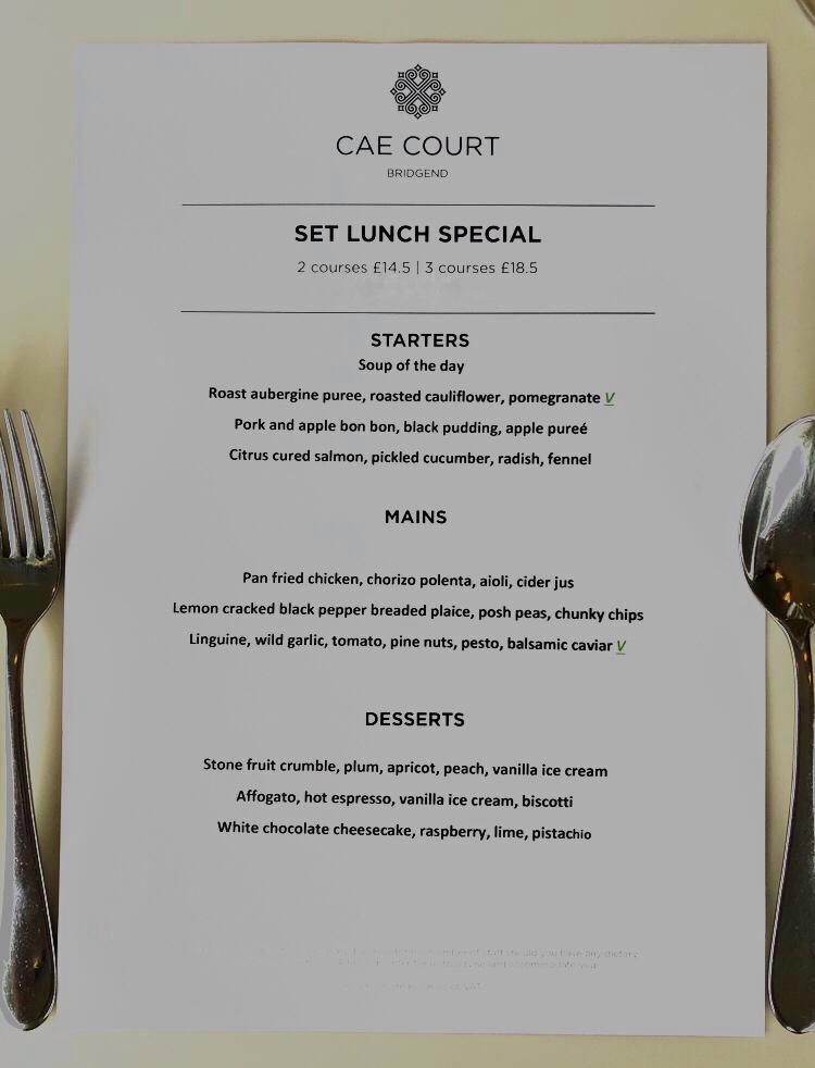 caecourt's tweet photo. Our restaurant is open from Wednesday for lunch 12noon - 2:30pm. Choose from our main or set lunch special menu - 2 courses £14.50 3 courses £18.50.

For reservations: 01656 668866 • info@caecourt.com. https://t.co/bOOu3qaYN0