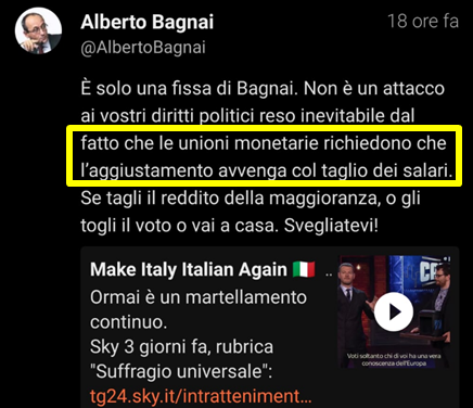 PolpoFinto's tweet photo. #Bagnai: "...le unioni monetarie richiedono che l'aggiustamento avvenga con il taglio dei salari".

Sarà per questo che nel programma della #Lega (bravo chi lo trova) non si parla di uscire dell'#euro. Forse fa comodo a qualche imprenditore del nord della #Lega2 giorgettiana... https://t.co/MyiRbPhVry