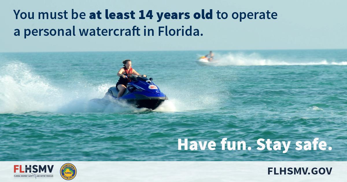 FLHSMV's tweet image. A person must be at least 14 years of age to operate a personal watercraft in Florida and must have a boating education ID card and a photo ID card when operating a vessel with a motor of 10 HP or more. #SafeBoatingWeek @SafeBoatCouncil @myFWC flhsmv.gov/motor-vehicles…