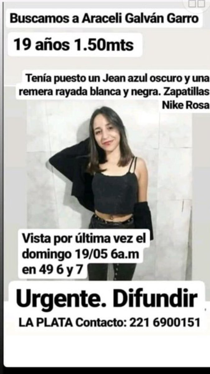 Araceli es la hija de una compañera nuestra de la ciudad de Rawson, está estudiando en La Plata la estamos buscando. Por favor a todos y todas las que  puedan ayudar a difundir se lo agradecemos es importante. Gracias.