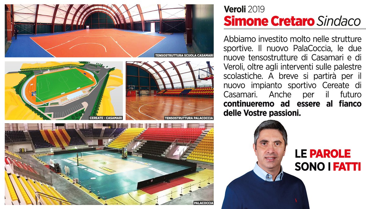 CretaroSimone's tweet photo. Abbiamo investito molto nelle strutture sportive. Il nuovo PalaCoccia, le due  nuove tensostrutture di Casamari e di Veroli, oltre agli interventi sulle palestre scolastiche. A breve si partirà per il nuovo impianto sportivo Cereate di Casamari. Al fianco delle Vostre passioni. https://t.co/z3uCLMi5dH