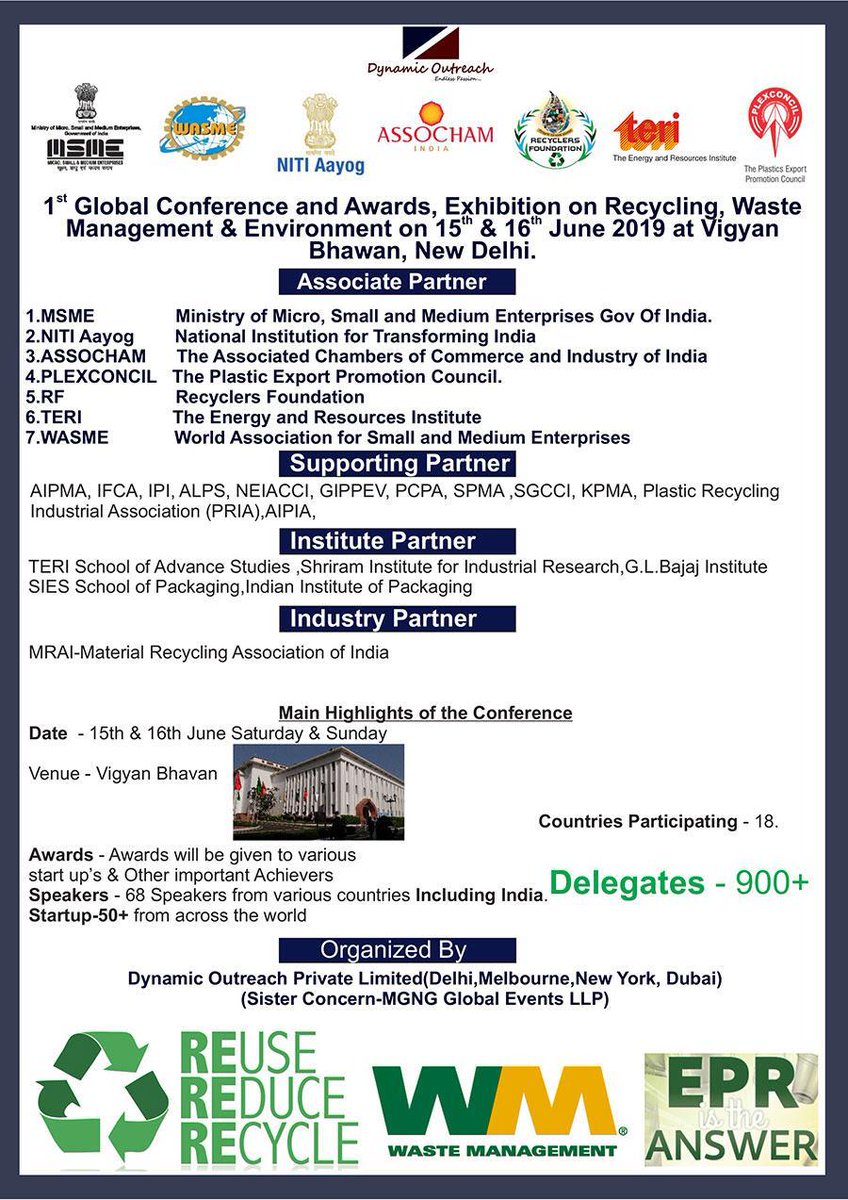 Association of Label Printers and Suppliers is the Supporting Partner in the 1st Global Conference and Awards,  Exhibition on ♻ Recycling, Waste Management on 15th &amp; 16th June 2019 to be held at Vigyan Bhawan N. Delhi. Speakers will be from DOW Chemical, HUL,Hutamaki, UFlex....
