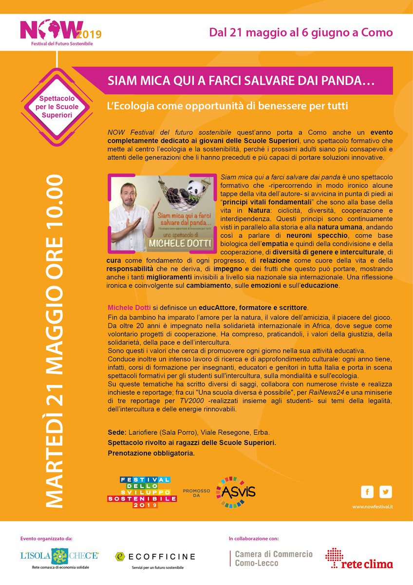 Domani al via #NowFestival2019! H. 10 Spettacolo teatrale per le Scuole Superiori. Organizzano: Ecofficine Cooperativa Sociale con <a href="/lisolacheceCO/">L'isola che c'è Como</a> @cciaacomo  <a href="/ReteClima/">Rete Clima</a>