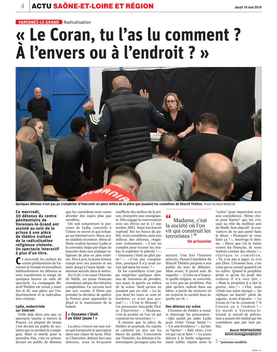 ReactifTheatre's tweet photo. Un superbe article du Journal de Saône et Loire lors de notre action "Sur le fil" au Centre de Détention de Varennes le Grand ! Un grand merci !!! https://t.co/rxnRdGnEBC
