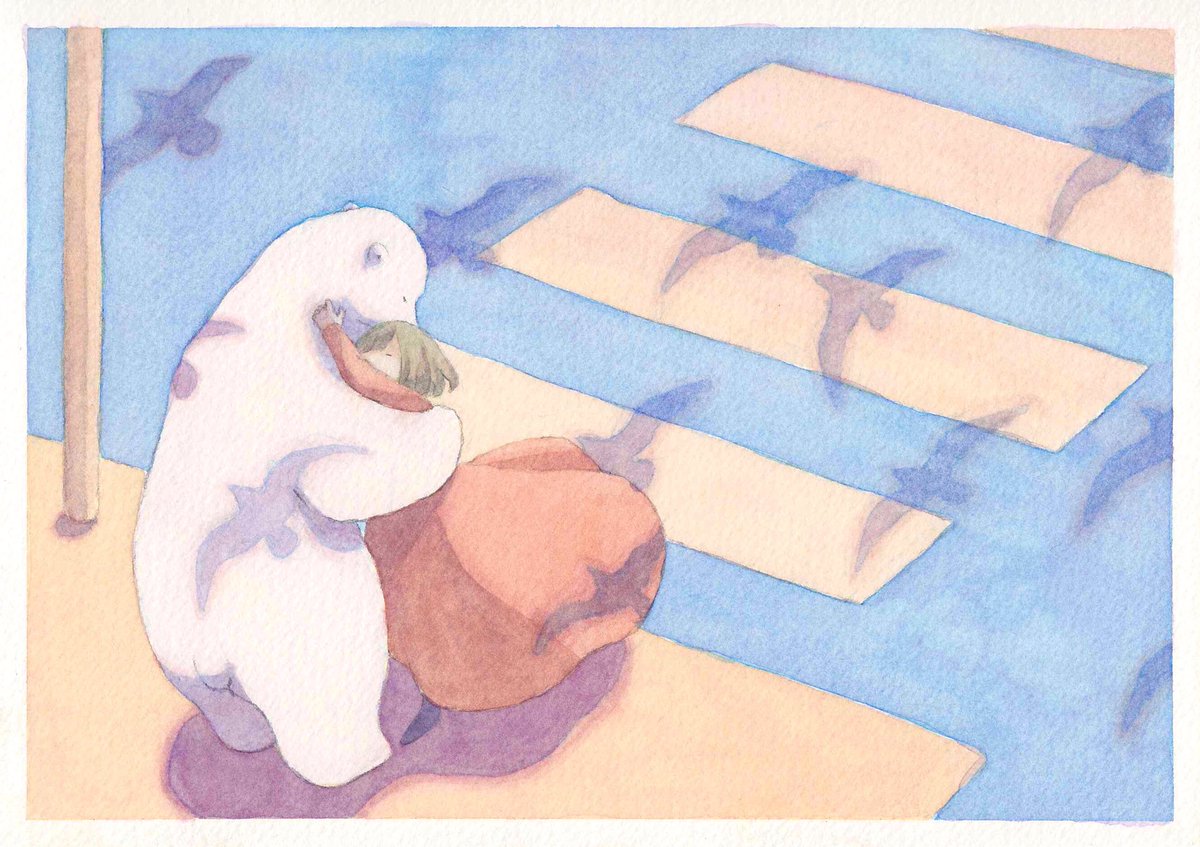 1girl hug brown hair border polar bear outdoors short hair  illustration images