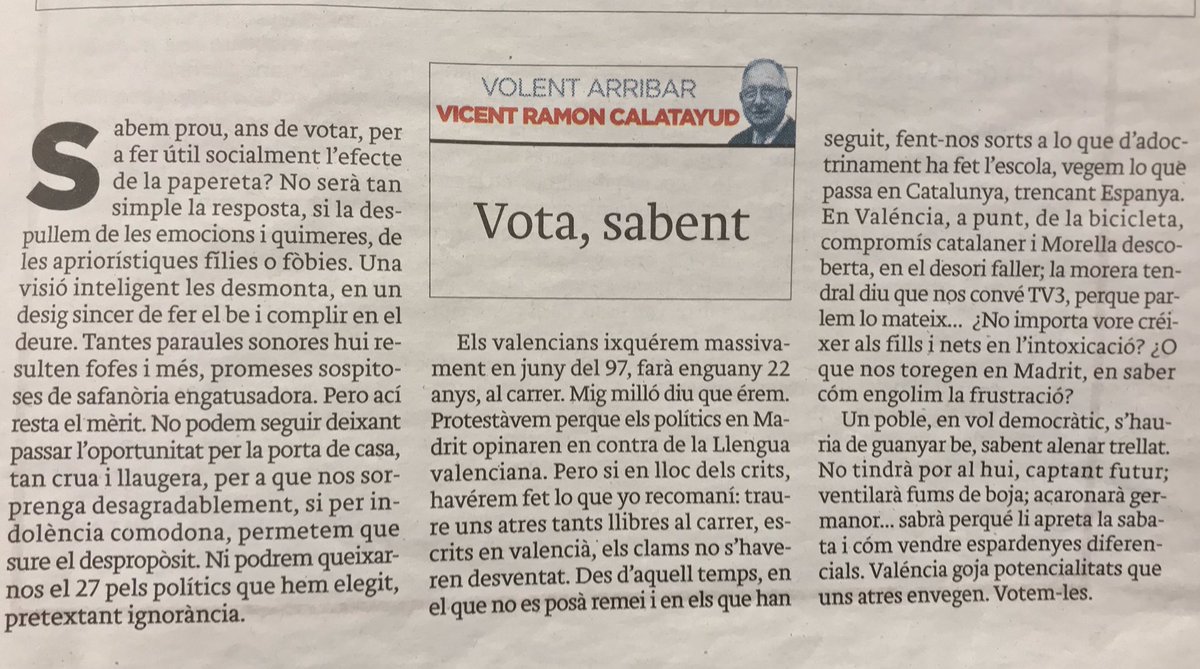 ralsuper's tweet photo. Vota, sabent. Per Vicent Ramon Calatayud.
#VolentArribar
#SíAlValencià https://t.co/hsxqQls1uz