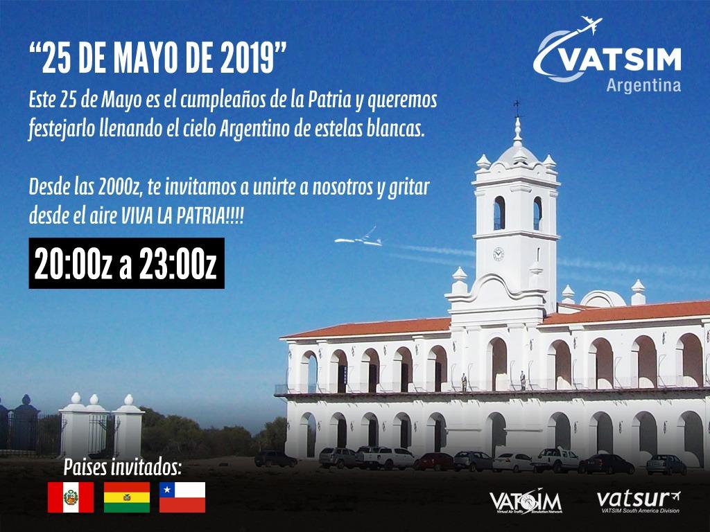 vatsimar's tweet photo. Este 25 de Mayo, te invitamos a celebrar el aniversario de nuestra Patria volando en cualquier aeropuerto dentro de Argentina, o bien, desde/hacia los países invitados.

Te esperamos! https://t.co/mw08Avl2Wx