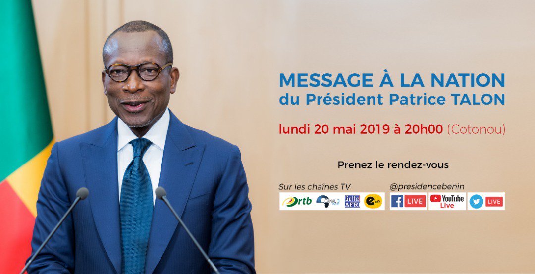 Suivez ce soir à partir de 20h sur les chaînes de télévision @ortb_info, Canal 3, Golfe Tv Africa...), radios et sur les canaux digitaux de la <a href="/PresidenceBenin/">Présidence du Bénin</a>, l'adresse du #Prbenin #PatriceTALON à la Nation.

Merci de prendre le rdv et de passer le message sur vos réseaux.
