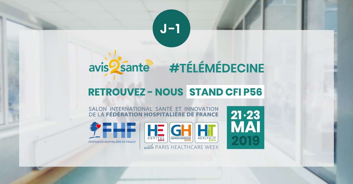 J-1 avant la Paris Healthcare Week #PHW19
On vous accueille du 21 au 23 mai sur notre stand CFI P56. Venez échanger sur les solutions de #telemedecine et #teleexpertise avec Avis2sante !

#SalonHIT #parishealthcareweek #esante