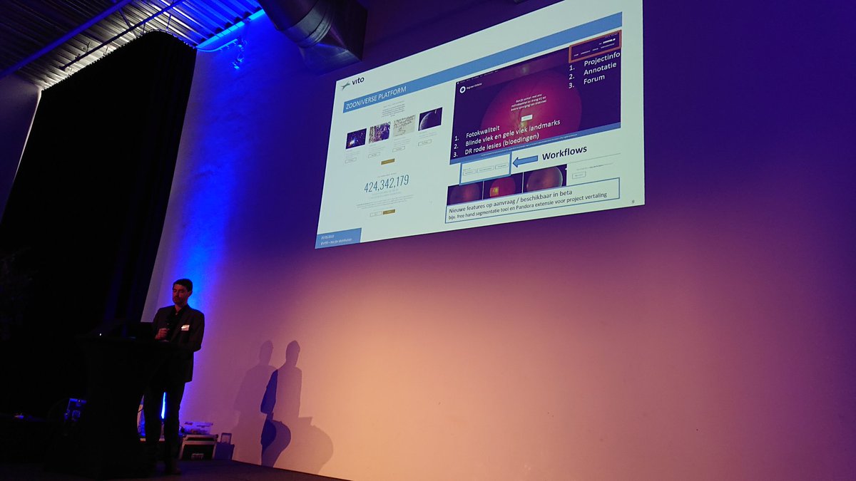 Scivil_Flanders's tweet photo. @deboevep stelt het project Oog Voor Diabetes voor in onze sessie over data platformen. Het project gebruikt het @the_zooniverse platform om netvliesbeelden te laten annoteren door burgers. #CitizenScience #Scivil #netwerkdagscivil https://t.co/oAt4ZryjAt